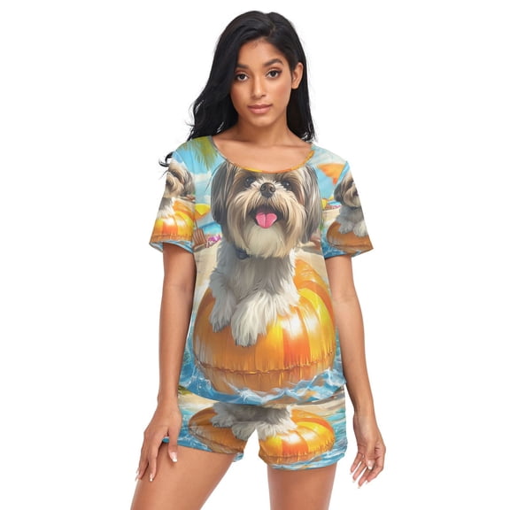 Women Pajama Sets Short Sleeve Sweatshirts Sunny Beach Pup Casual Tops and Shorts