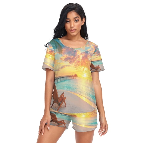 Women Pajama Sets Short Sleeve Sweatshirts Sunset Casual Tops and Shorts