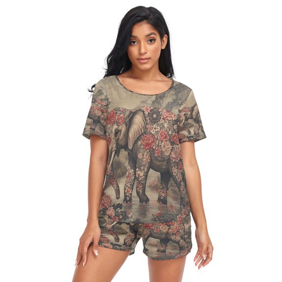 Women Pajama Sets Short Sleeve Sweatshirts The Enchanted Elephant Casual Tops and Shorts