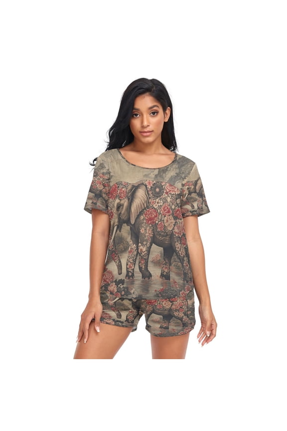 Women Pajama Sets Short Sleeve Sweatshirts The Enchanted Elephant Casual Tops and Shorts