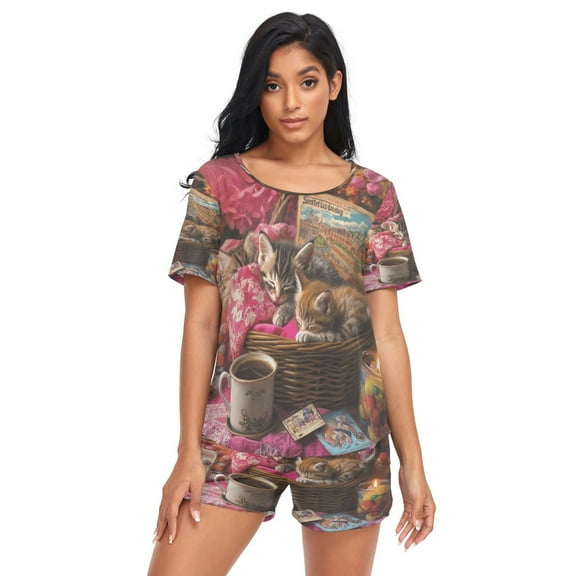 Women Pajama Sets Short Sleeve Sweatshirts Three Kittens Sleeping in Basket Casual Tops and Shorts