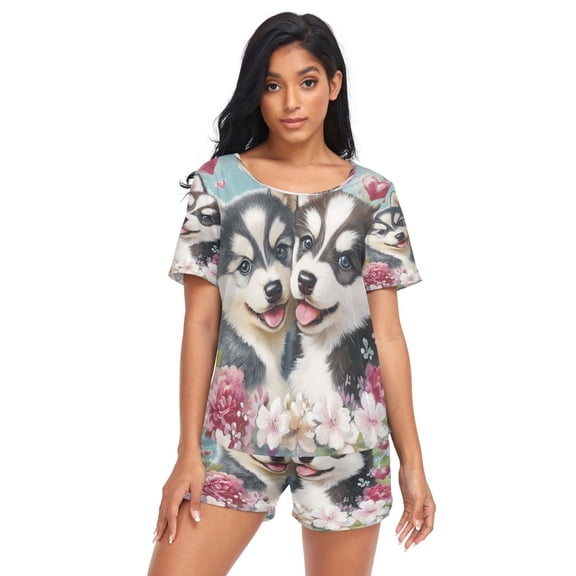 Women Pajama Sets Short Sleeve Sweatshirts Two Puppies with Hearts Casual Tops and Shorts