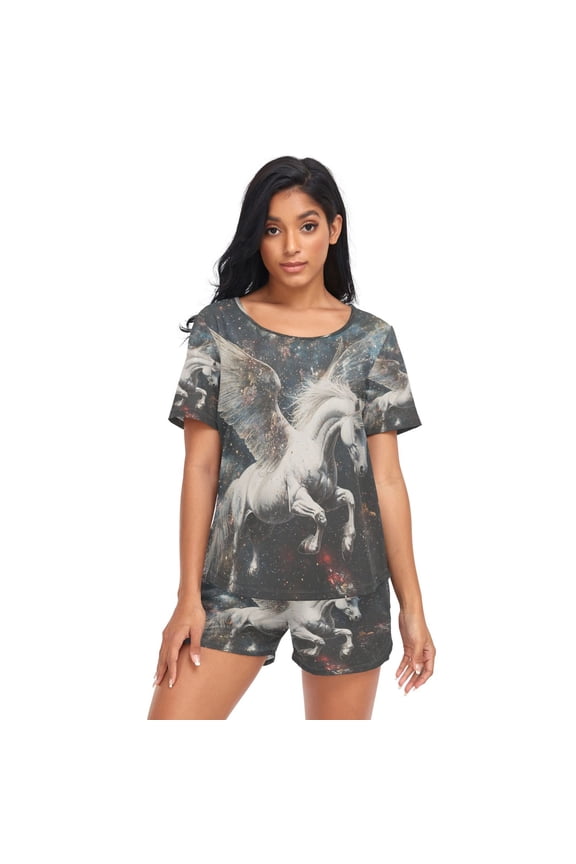 Women Pajama Sets Short Sleeve Sweatshirts Unicorn in Space Casual Tops and Shorts