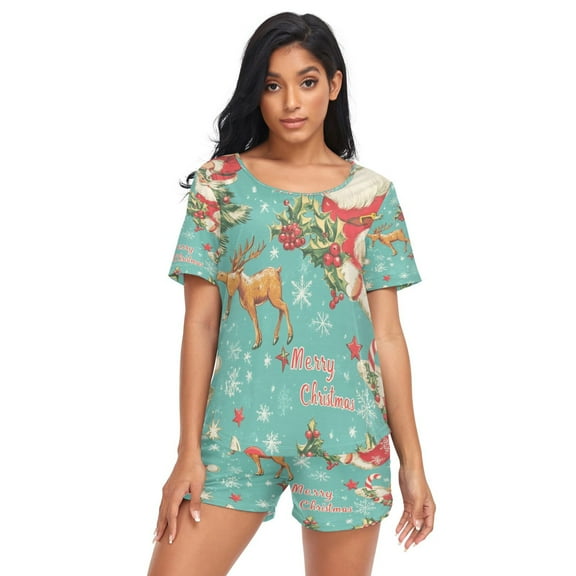 Women Pajama Sets Short Sleeve Sweatshirts Vintage Christmas Cheer Casual Tops and Shorts
