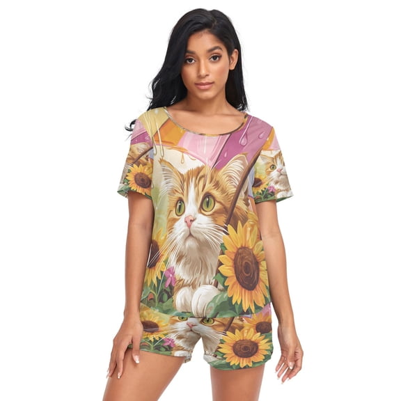 Women Pajama Sets Short Sleeve Sweatshirts Whiskers under Rainbows Casual Tops and Shorts