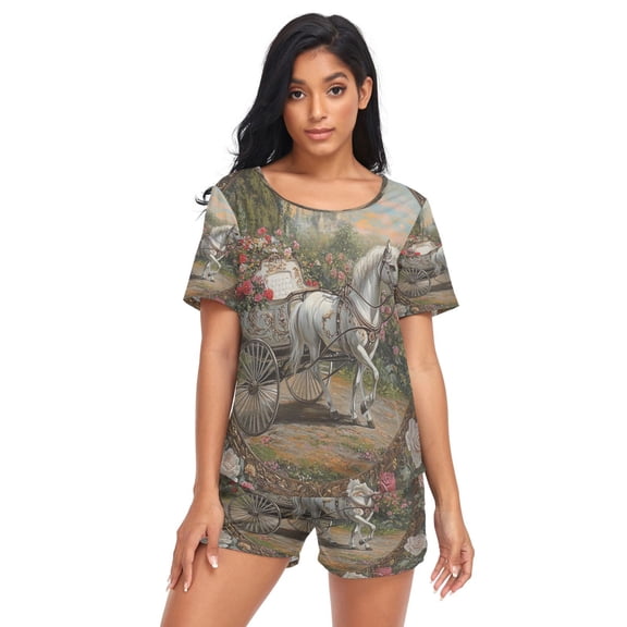 Women Pajama Sets Short Sleeve Sweatshirts White Horse in The Mirror Casual Tops and Shorts