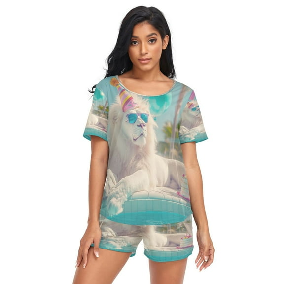 Women Pajama Sets Short Sleeve Sweatshirts White Lion Birthday Party Casual Tops and Shorts