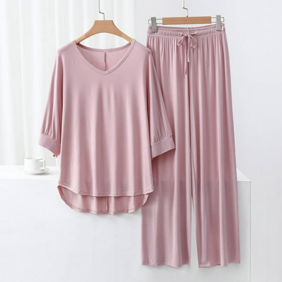 Women Pajama Sets Solid Color Print Long Sleeve Top And Pant Pj Set Soft Sleepwear 2 Piece Outfits Loungewear Sets Light Pink XL