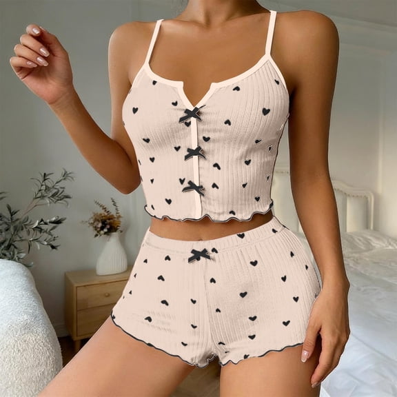 Women Pajama Sets Valentine'S Day Ribbed Pajama With Bow Detail Sleeveless Tank Top And Shorts Comfortable Loungewear For Home Or Out Beige Xxl