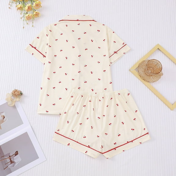 Women Pajama Sets Women’S Cherry Print Pajama Set – Short Sleeve Notched Collar Sleepwear Cute Shirt & Shorts Loungewear White S