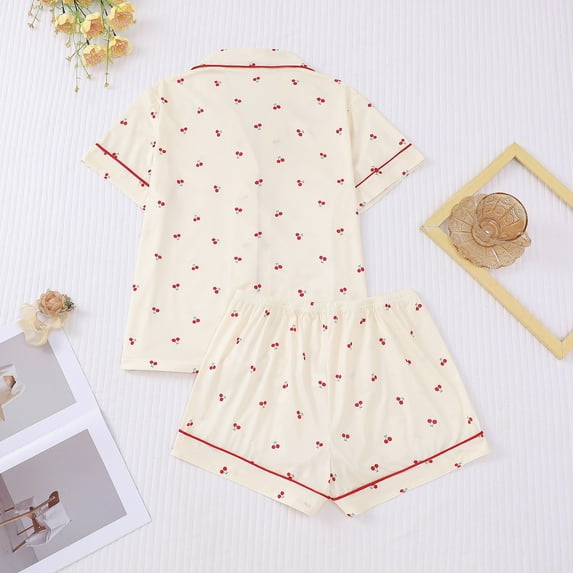 Women Pajama Sets Women’S Cherry Print Pajama Set – Short Sleeve Notched Collar Sleepwear Cute Shirt & Shorts Loungewear White S