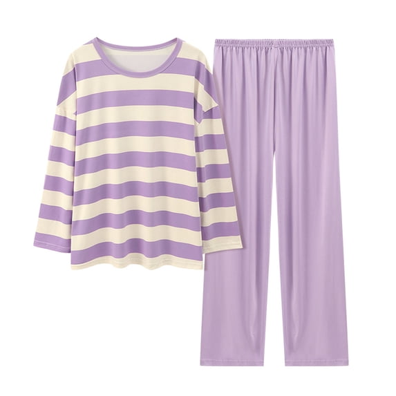 Women Pajama Sets Womens Comfortable Stripe Gradient Pure Color Imitation Cotton Pajamas Women's Casual Loose Long Sleeved Trousers Suit Women's Blended Pajamas Long Sleeve Pajama Set for Women