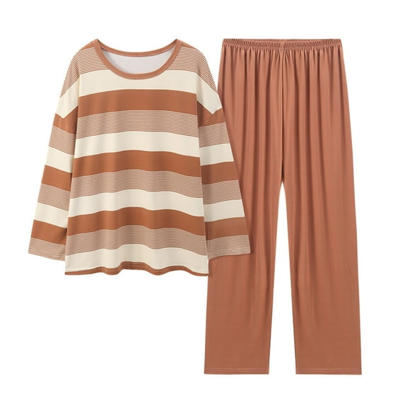 Women Pajama Sets Womens Comfortable Stripe Gradient Pure Color Imitation Cotton Pajamas Women's Casual Loose Long Sleeved Trousers Suit Women's Blended Pajamas Cotton Gowns Sleepwear for Women
