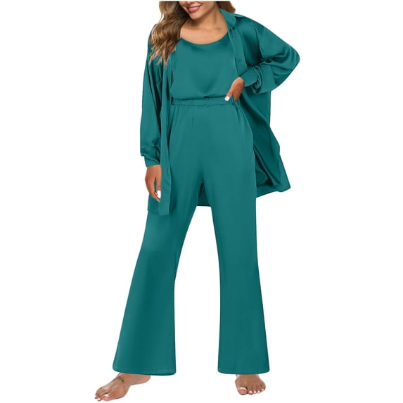 Women Pajama Sets Womens Silk 3 Piece Pajamas Satin Camisole Loungewear Set Button Cardigan With Loose Pants Pajama Sets for Women Pj Set Plus Size Pajamas for Women Set