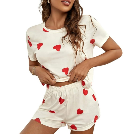 Women Pajama SetsWomen's Cute Heart Print Tee and Shorts Pajama Set