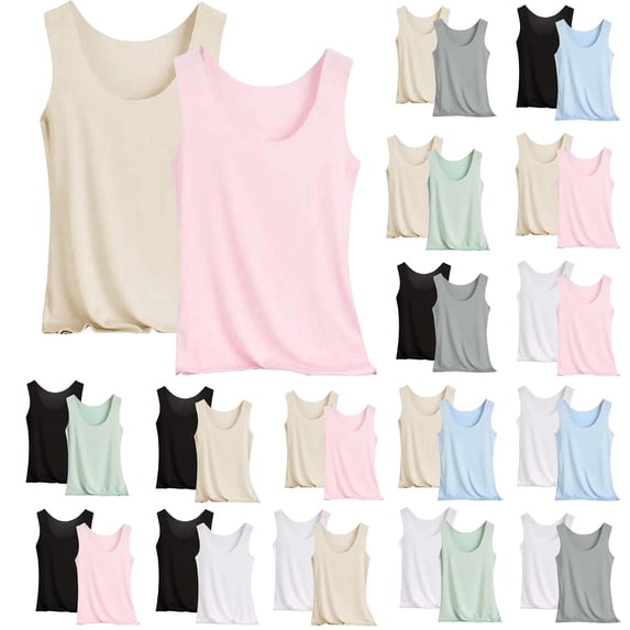 Women Pajama Tops 2 Piece Solid U Neck Sleeveless with Inner Camisole Casual Layering Sleep Top
