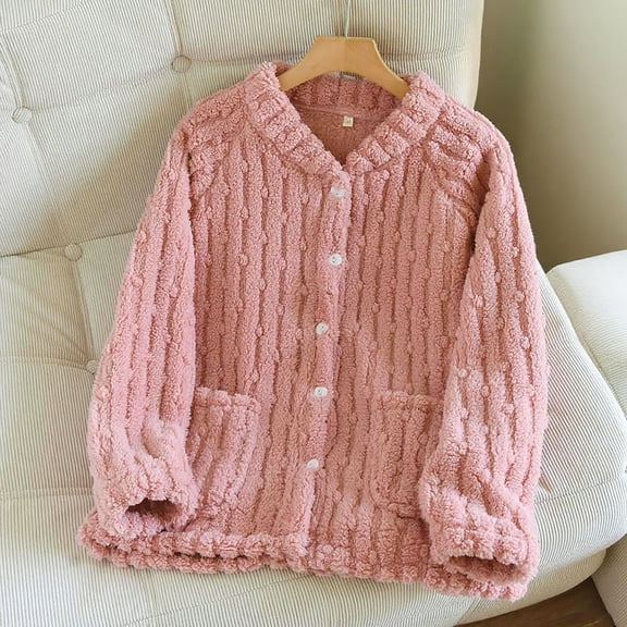 Women Pajama Tops Button down Sleepwear Fuzzy Fleece Jacket Long Sleeve Soft Warm Winter Coat with Pockets New Ladies Pajamas Pinky M