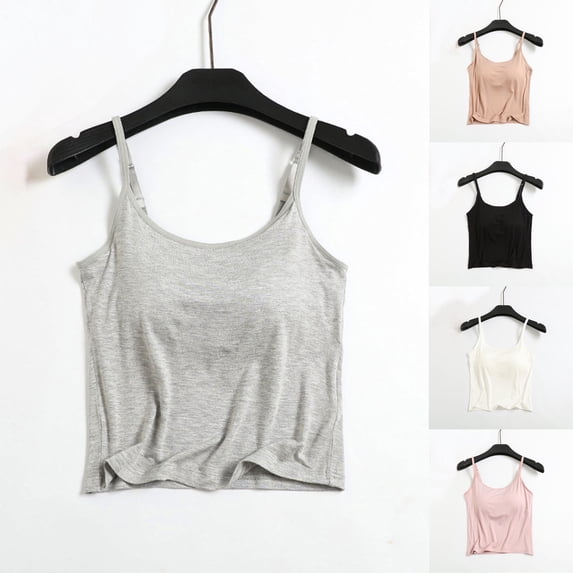 Women Pajama Tops Solid Lyocell Cropped Adjustable Strap Built In Bra Casual Cami Sleep Top