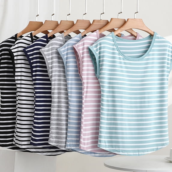 Women Pajama Tops Striped Crew Neck Sleeveless Loose Soft Daily Casual Layering Tank Sleep Top