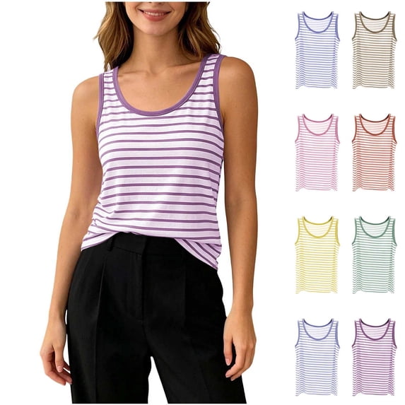 Women Pajama Tops Striped Sleeveless Tank Built In Bra Stretch Daily Layering Sleep Top