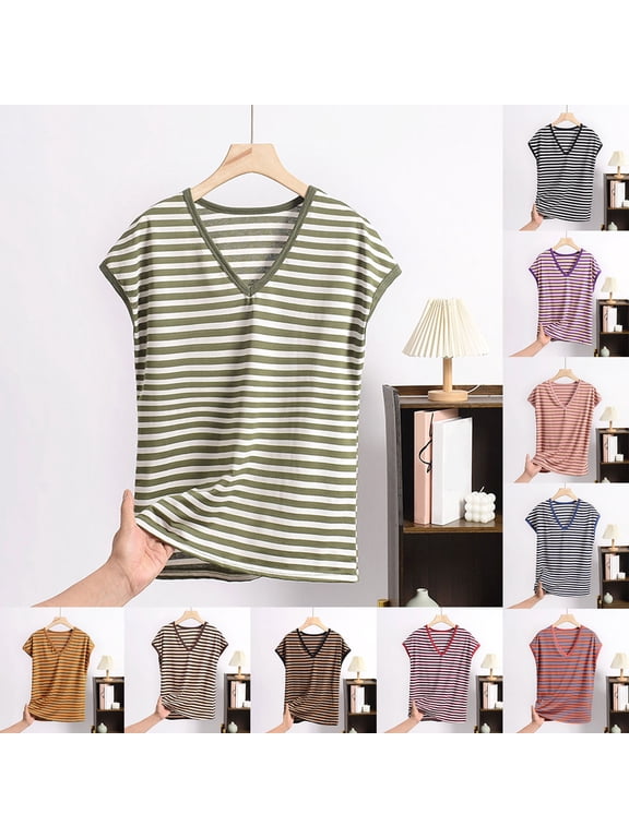 Women Pajama Tops Striped V Neck Thin Summer Loose Plain Style Sleeveless Sleep Top