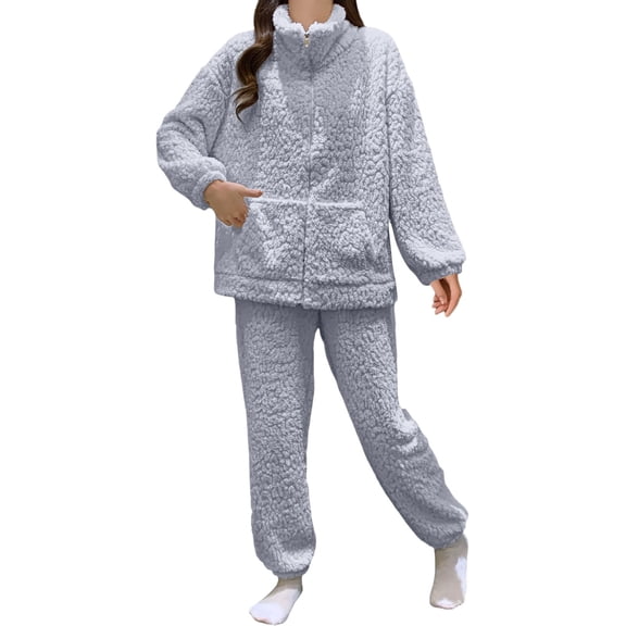 Women Pajamas 2 Piece Printed Plush Sleepwear Winter Loungewear Thick Warm Long Pile Pajamas Light Blue L