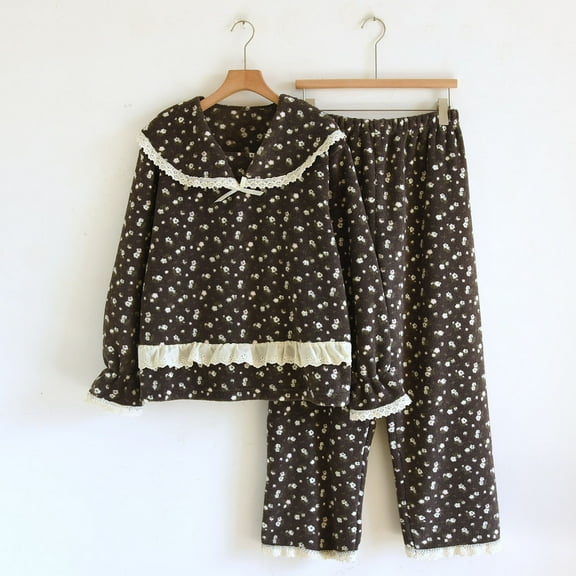 Women Pajamas 2 Piece Set Lapel Long Sleeve Lace Patchwork Pullover Elastic Waist Pants Thick Thermal Print Outfits (L, Dark Gray)