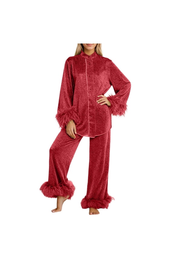 Women Pajamas Feather Trim Button Down Long Sleeve Shirt Pants Womens 2 Piece Pajama Sets Woman Pajamas