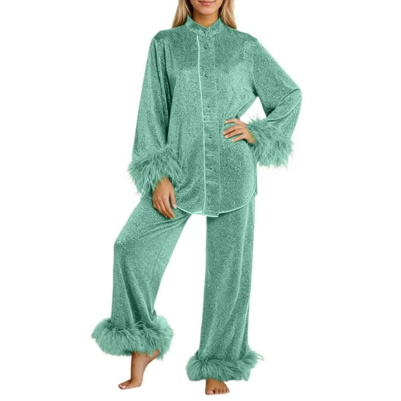 Women Pajamas Fuzzy Feather Trim Long Sleeve Button-Down Tops Pants Womens Two Piece Lounge Set Fall Pajamas Women