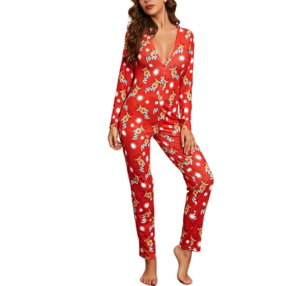 Women Pajamas Jumpsuit, Buttons V Neck Long Sleeve Christmas Cartoon Printed One-Piece Sleepwear
