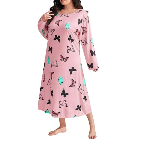 Women Pajamas Ladies Long Sleeve Butterfly Printed Drop Shoulder Oversized Long Nightgown Women Sleepwear Pink 5XL