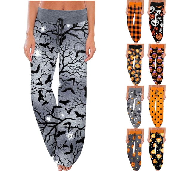 Women Pajamas Pants Halloween Pumpkin Print Wide Leg Drawstring Palazzo Lounge Pants Holiday Party Sleepwear Outfit Bottoms