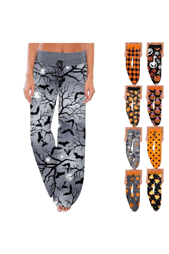 Women Pajamas Pants Halloween Pumpkin Print Wide Leg Drawstring Palazzo Lounge Pants Holiday Party Sleepwear Outfit Bottoms