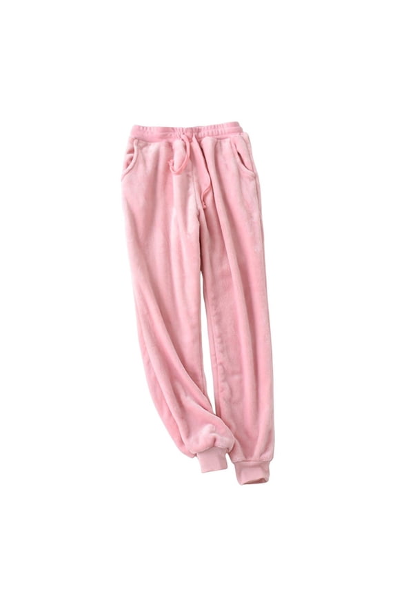 Women Pajamas Pants Soft Velvet Solid Color Straight Leg Pant High Waist Velour Lounge Trousers With Pockets Pink M