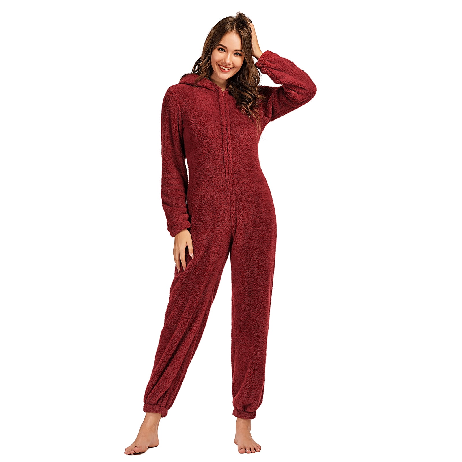 Women Pajamas Plush Romper Flannel Pajamas Onsies Long Sleeve Zipper