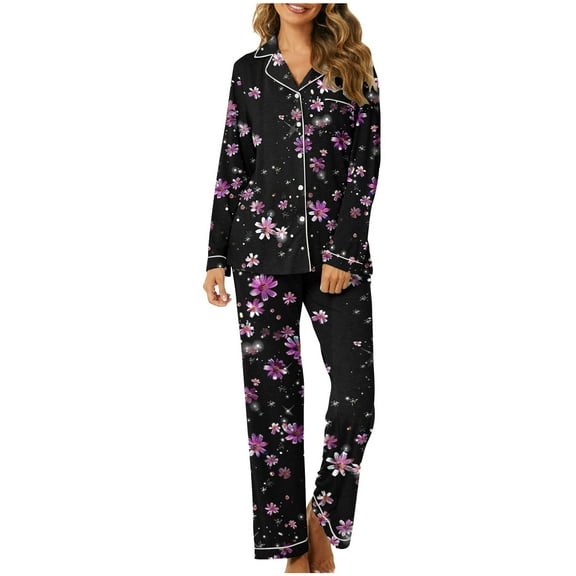 Women Pajamas Set 2 Piece Long Sleeve Button Down Tops Print Casual Home Clothes Pajamas Suits