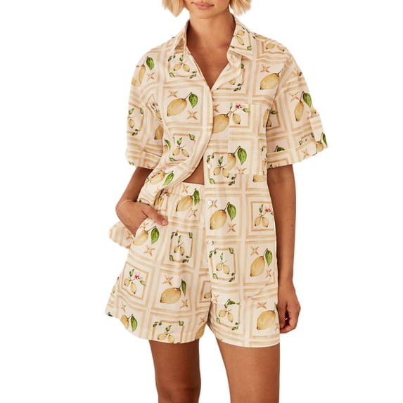 Women Pajamas Set 2 Pieces Loungewear Suits Lemon Print Short Sleeve Loose Shirts Tops and Shorts Sleepwear Outfits
