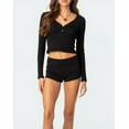 thumbnail image 1 of Women Pajamas Set 2 Pieces Loungewear Suits Solid Color Ribbed V-Neck Long Sleeve Crop Tops and Shorts Sleepwear Outfits, 1 of 2