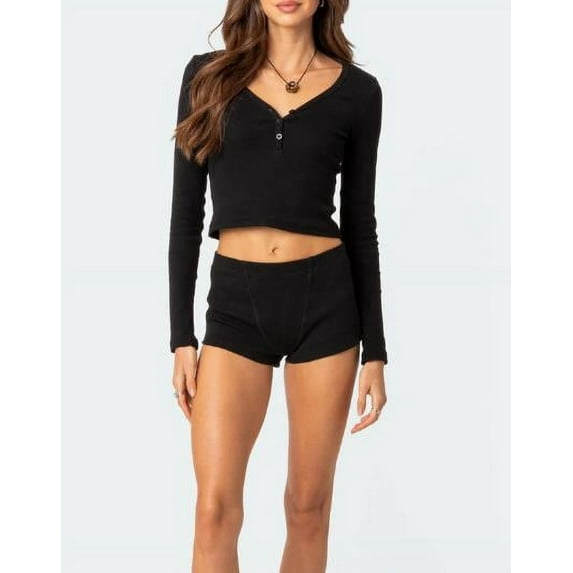 Women Pajamas Set 2 Pieces Loungewear Suits Solid Color Ribbed V-Neck Long Sleeve Crop Tops and Shorts Sleepwear Outfits