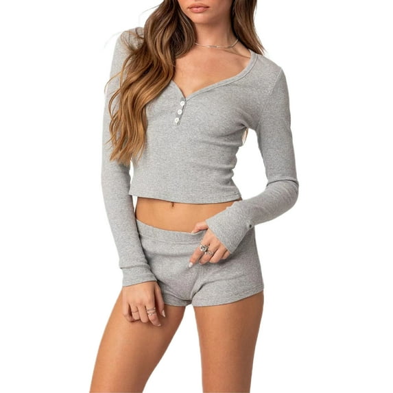 Women Pajamas Set 2 Pieces Loungewear Suits Solid Color Ribbed V-Neck Long Sleeve Crop Tops and Shorts Sleepwear Outfits
