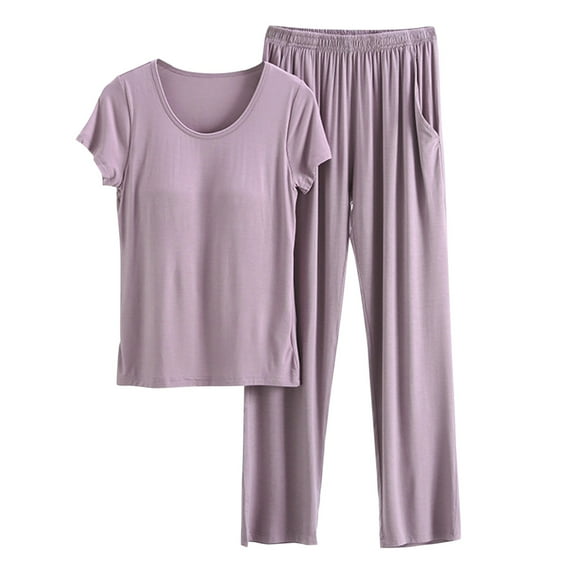 Women Pajamas Set Button Down Sleepwear Short Sleeve Nightwear with Long Pants Soft Pjs Set with Pockets