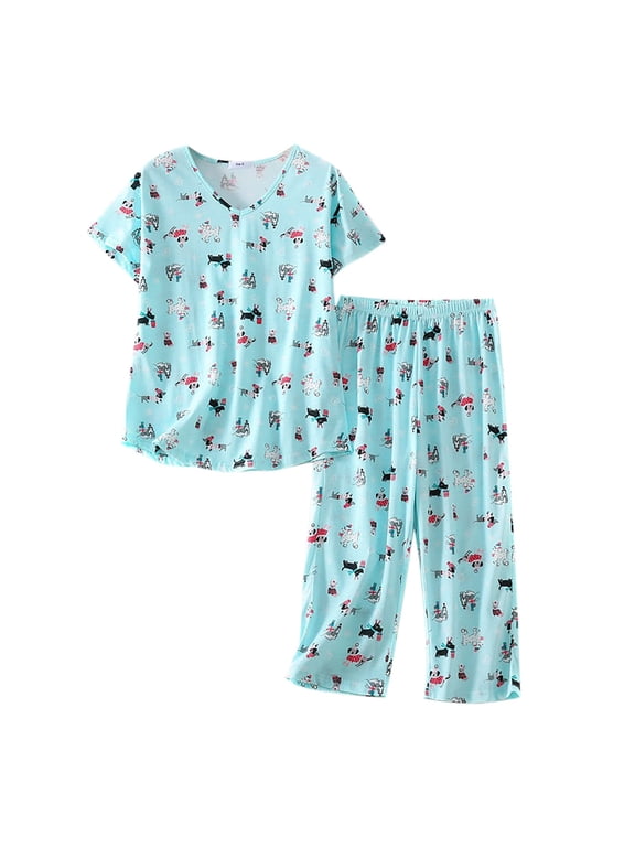 Women Pajamas Set Cotton Short Sleeve Top + Capri Pants Sleepwear Home Clothing Set Two Piece Set Loungewear