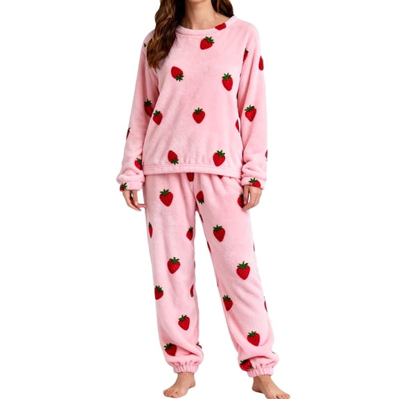 Women Pajamas Set Cute Strawberry Pattern Sleepwear Long Sleeve Loungewear