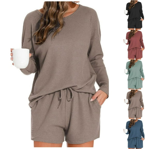Women Pajamas Set Long Sleeve Top and Shorts 2 Piece Soft Knit Loungewear Summer Nightwear Comfy Homewear Pjs
