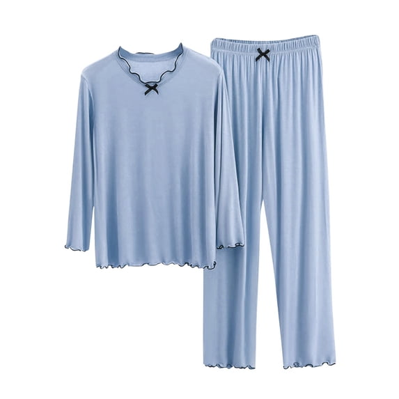 Women Pajamas Set Ruffle Hem V Neck Sleepwear Long Sleeve Pants Nightwear Set Lightweight Trendy Fall Outfits New 2 Piece Casual Lounge Sets for Women Sky Blue L