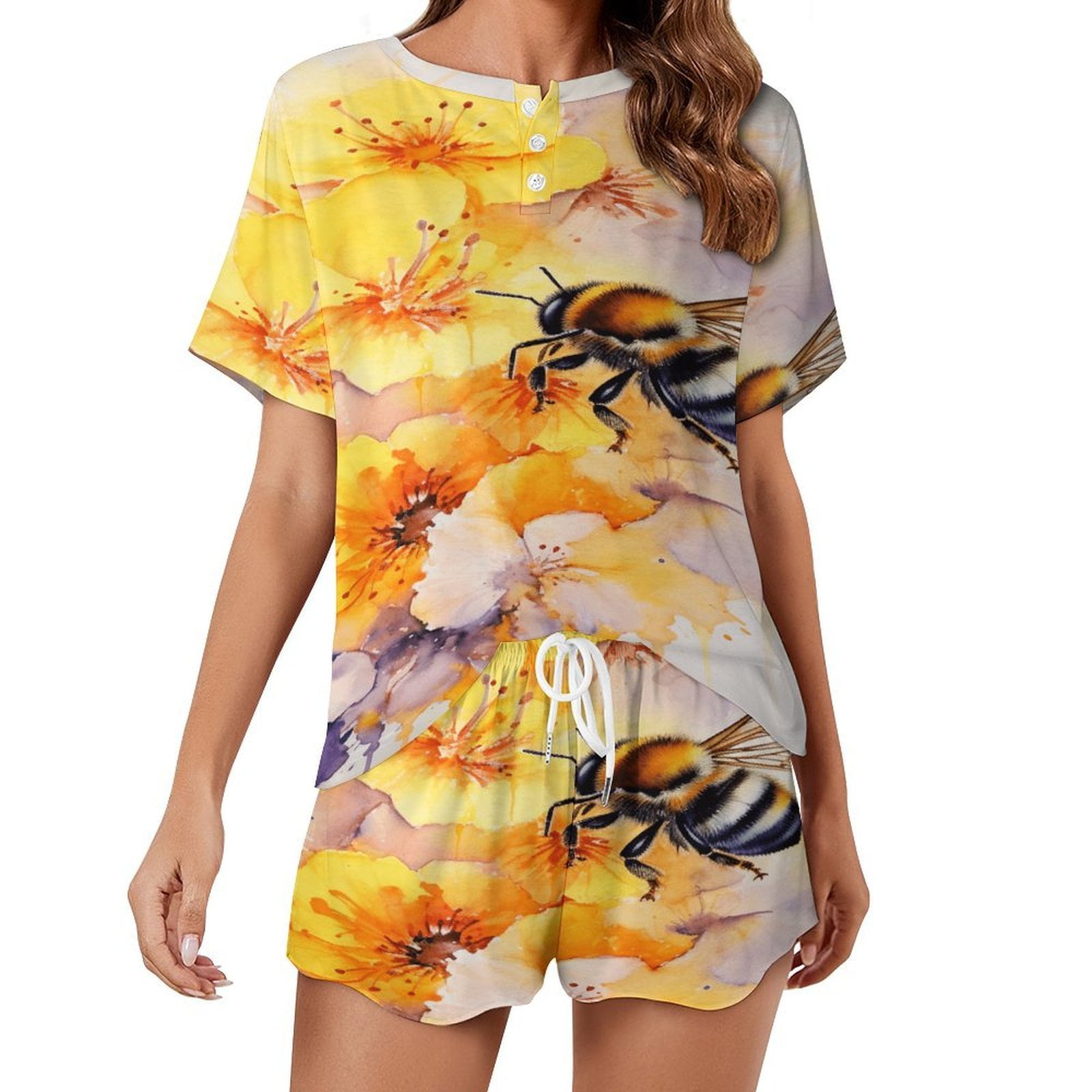 Women Pajamas Set Short Sleeve Honey Bees That Collect Nectar Sleepwear ...