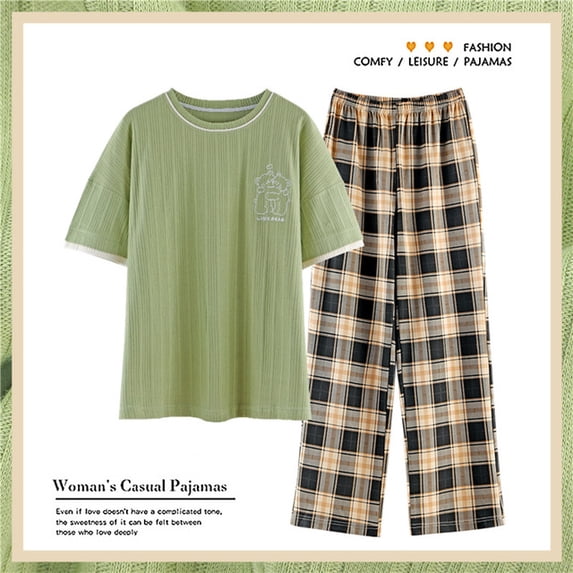 Women Pajamas Sets Big 3XL Knitted Cotton Pyjama Plaid Female Pijamas Loungewear Short Sleeve Shirt Pants Sleepwear Homewear