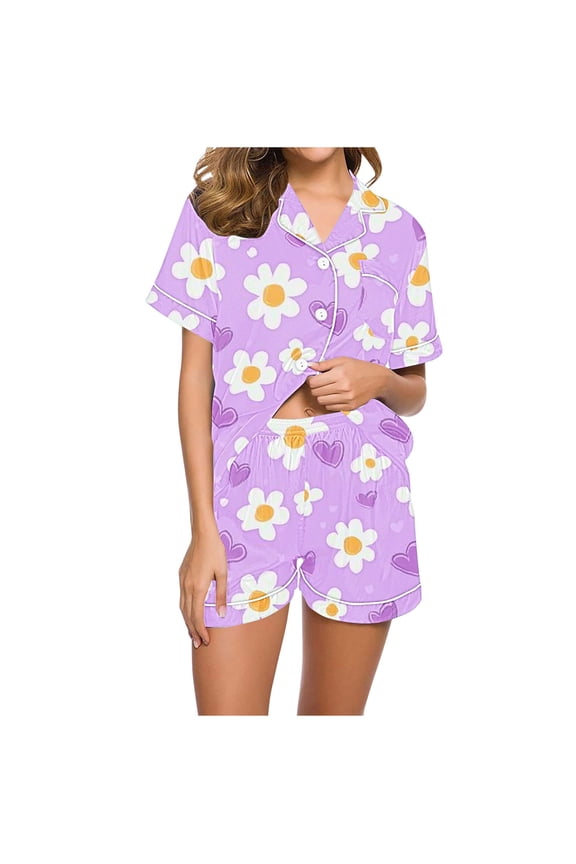 Women Pajamas Sets Summer Casual Short Sleeve Button Down Tops and Drawstring Shorts Floral Graphic Pjs Set Sleepwear