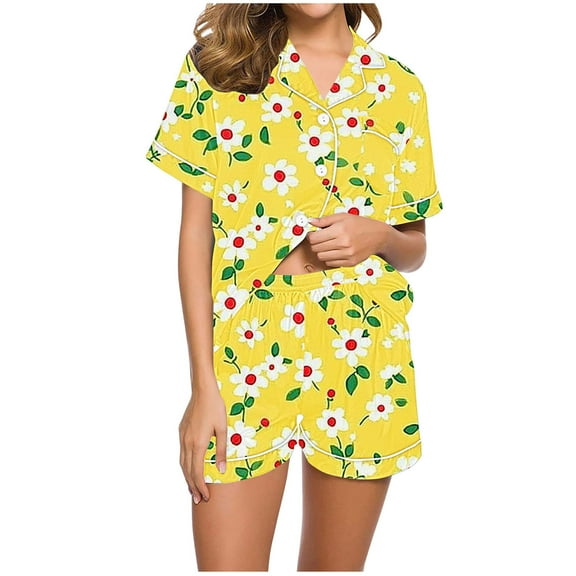 Women Pajamas Sets Summer Casual Short Sleeve Button Down Tops and Drawstring Shorts Floral Graphic Pjs Set Sleepwear