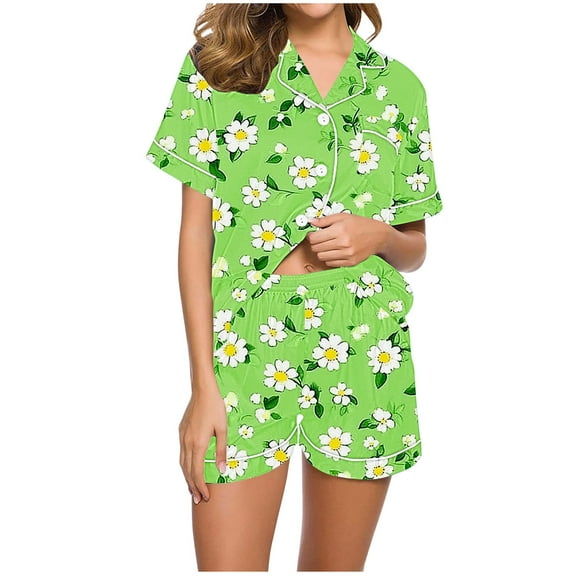 Women Pajamas Sets Summer Casual Short Sleeve Button Down Tops and Drawstring Shorts Floral Graphic Pjs Set Sleepwear